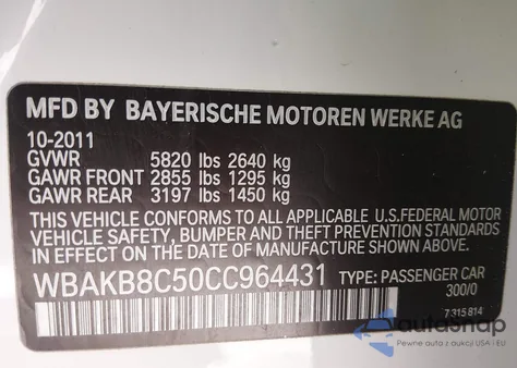 2012 BMW 750Li z USA, uszkodzony, nr VIN WBAKB8C50CC964431